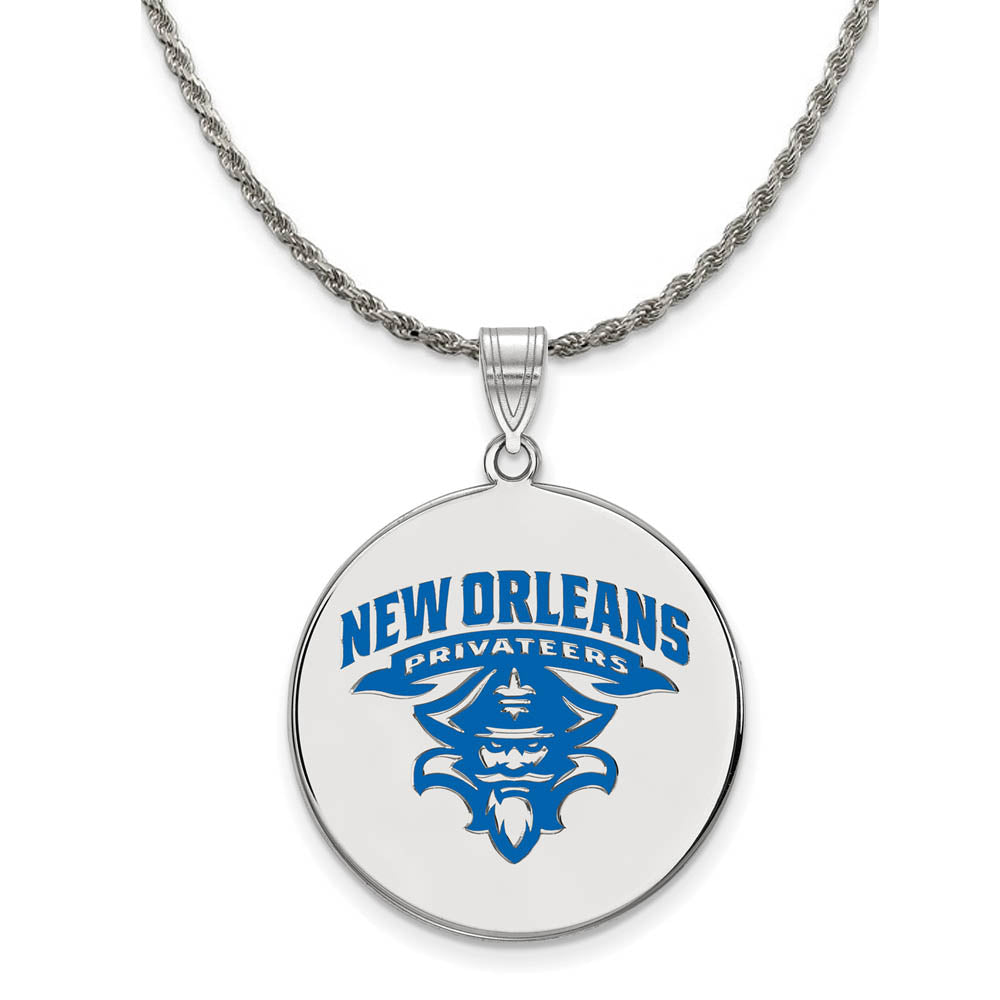 Sterling Silver U. of New Orleans XL Enamel Disc Necklace, Item N19098 by The Black Bow Jewelry Co.