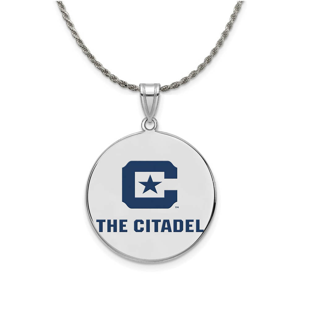 Rhodium Plated Sterling Silver The Citadel XL Enamel Disc Necklace, Item N19106 by The Black Bow Jewelry Co.