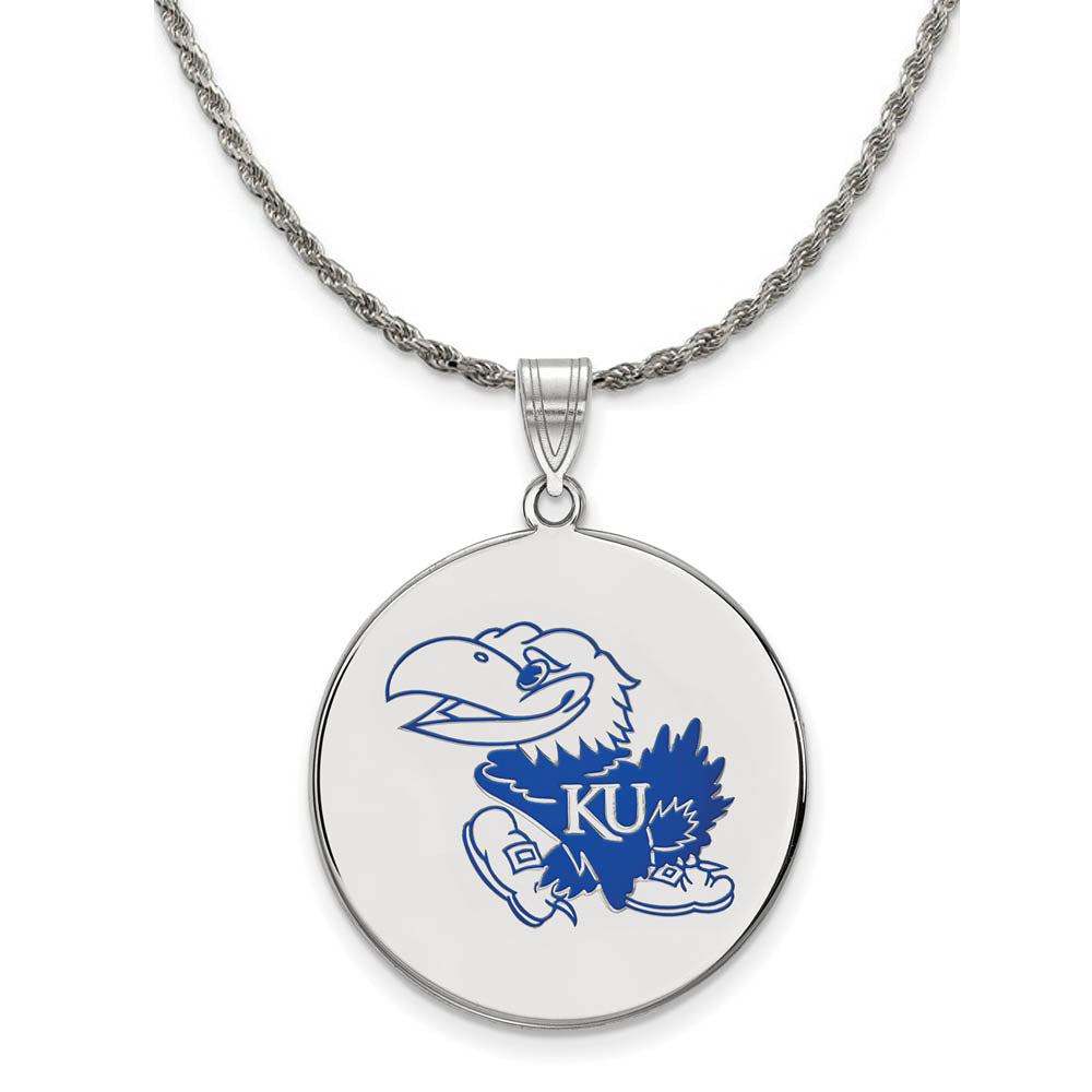 Sterling Silver U. of Kansas XL Enamel Disc Pendant Necklace, Item N19126 by The Black Bow Jewelry Co.