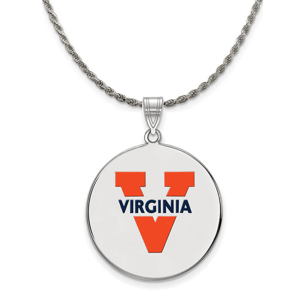Sterling Silver U. of Virginia XL Enamel 'V' Logo Disc Necklace, Item N19141 by The Black Bow Jewelry Co.