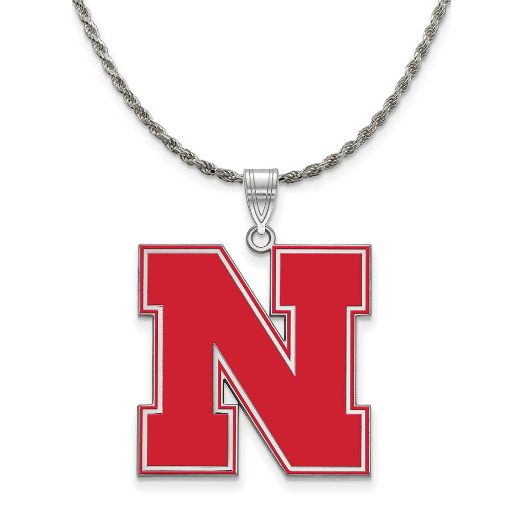 Sterling Silver U. of Nebraska XL Enamel 'N' Pendant Necklace, Item N19167 by The Black Bow Jewelry Co.