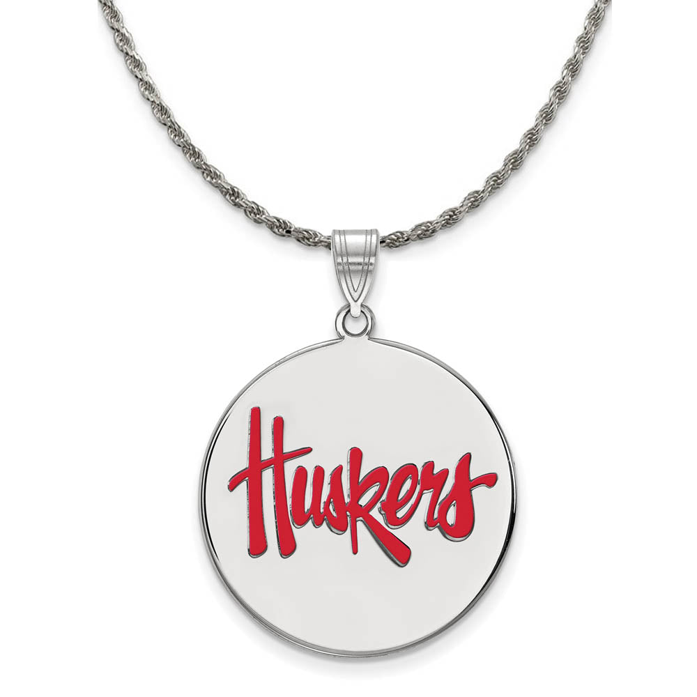 Sterling Silver U. of Nebraska XL Enamel Huskers Disc Necklace, Item N19168 by The Black Bow Jewelry Co.