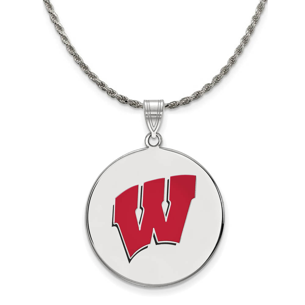 Sterling Silver U. of Wisconsin XL Enamel 'W' Disc Necklace, Item N19169 by The Black Bow Jewelry Co.