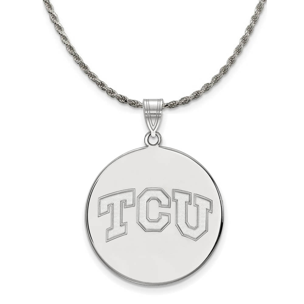 Sterling Silver Texas Christian U. XL 'TCU' Disc Necklace, Item N19313 by The Black Bow Jewelry Co.