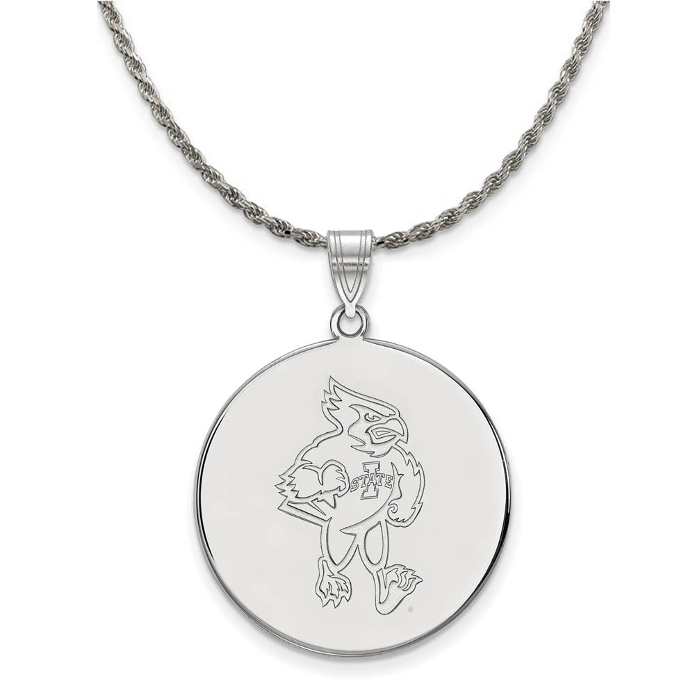 Sterling Silver Iowa State XL Logo Disc Pendant Necklace, Item N19314 by The Black Bow Jewelry Co.