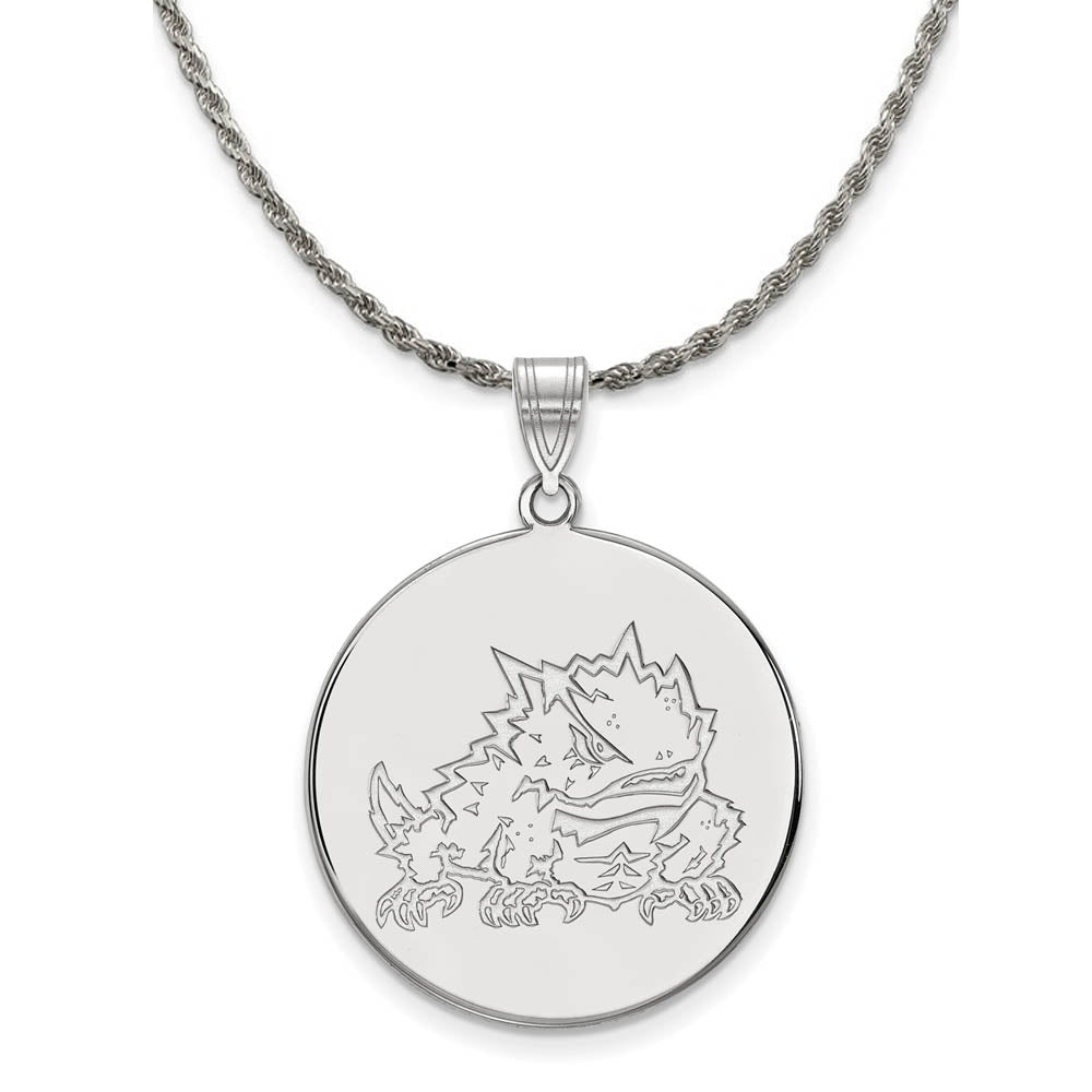 Sterling Silver Texas Christian U. XL Disc Pendant Necklace, Item N19319 by The Black Bow Jewelry Co.