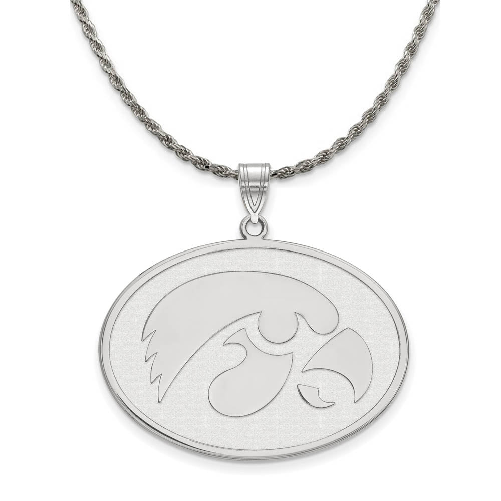 Sterling Silver U. of Iowa XL Oval Disc Pendant Necklace, Item N19342 by The Black Bow Jewelry Co.