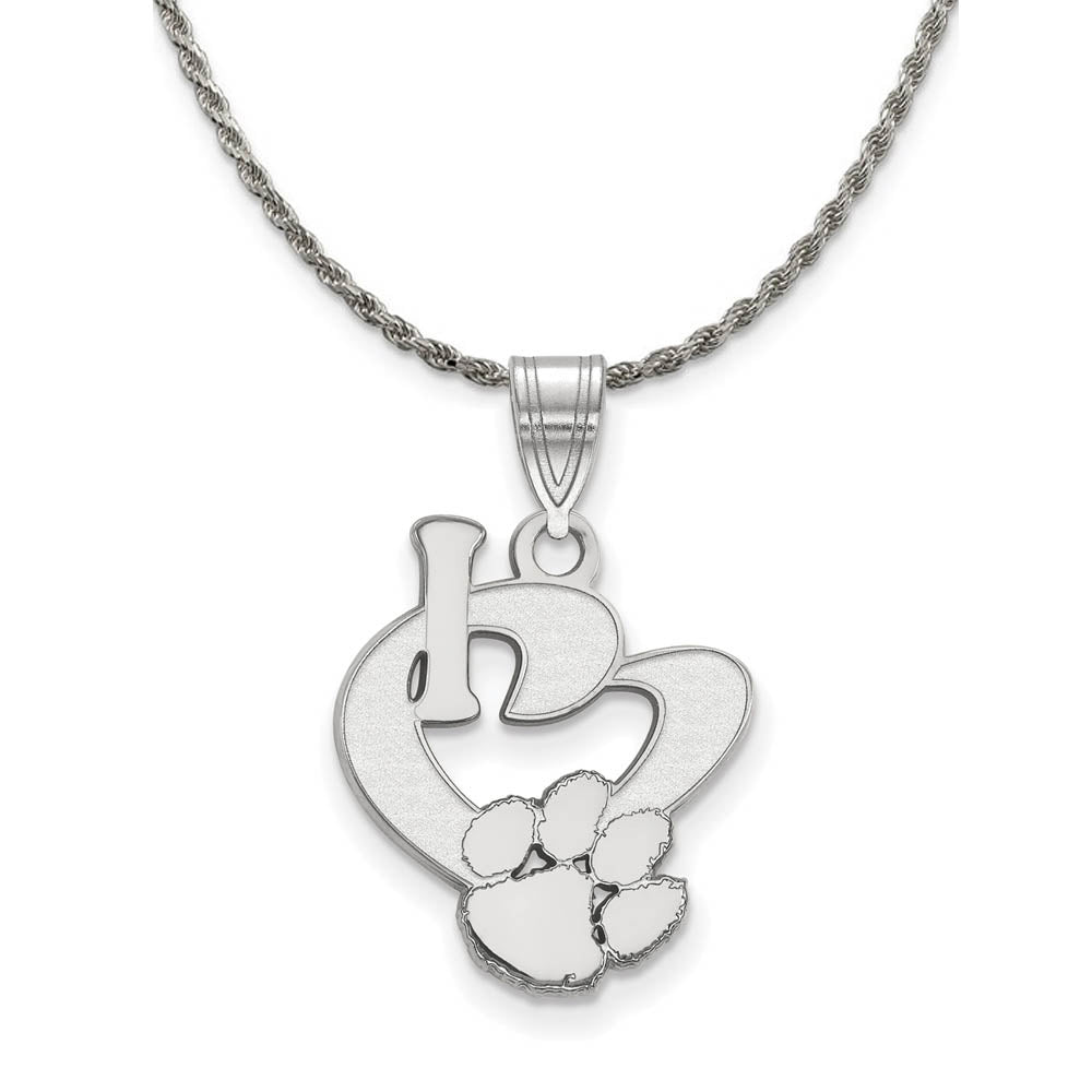 Sterling Silver Clemson U Large I Love Logo Pendant Necklace, Item N19405 by The Black Bow Jewelry Co.