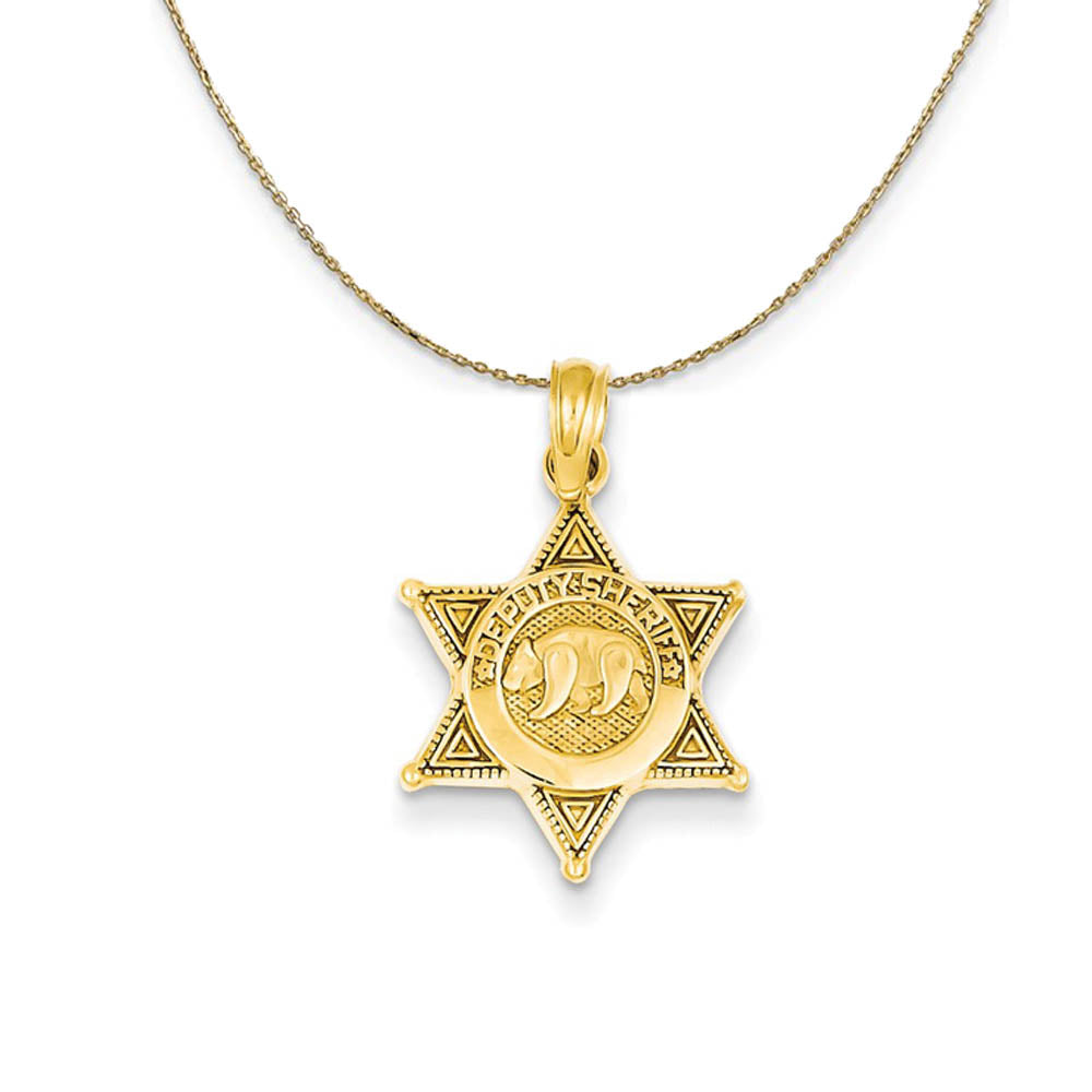 14k Yellow Gold Deputy Sheriff Badge with Bear Necklace, Item N19526 by The Black Bow Jewelry Co.