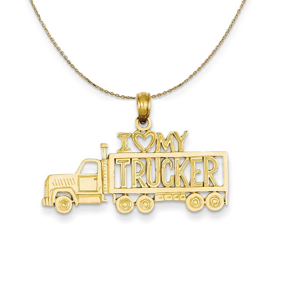 14k Yellow Gold I Heart My Trucker Semi Truck Necklace, Item N19540 by The Black Bow Jewelry Co.