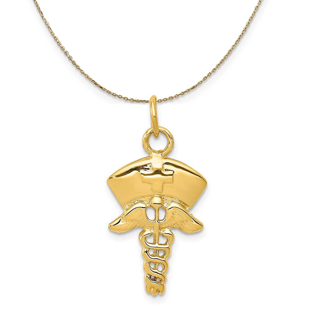 14k Yellow Gold Nurses Cap and Caduceus Necklace, Item N19560 by The Black Bow Jewelry Co.