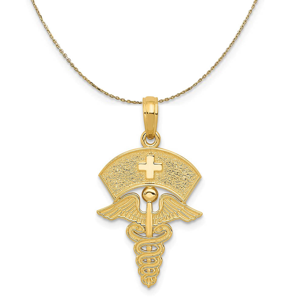 14k Yellow Gold Medical Caduceus with Nurses Cap Necklace, Item N19561 by The Black Bow Jewelry Co.
