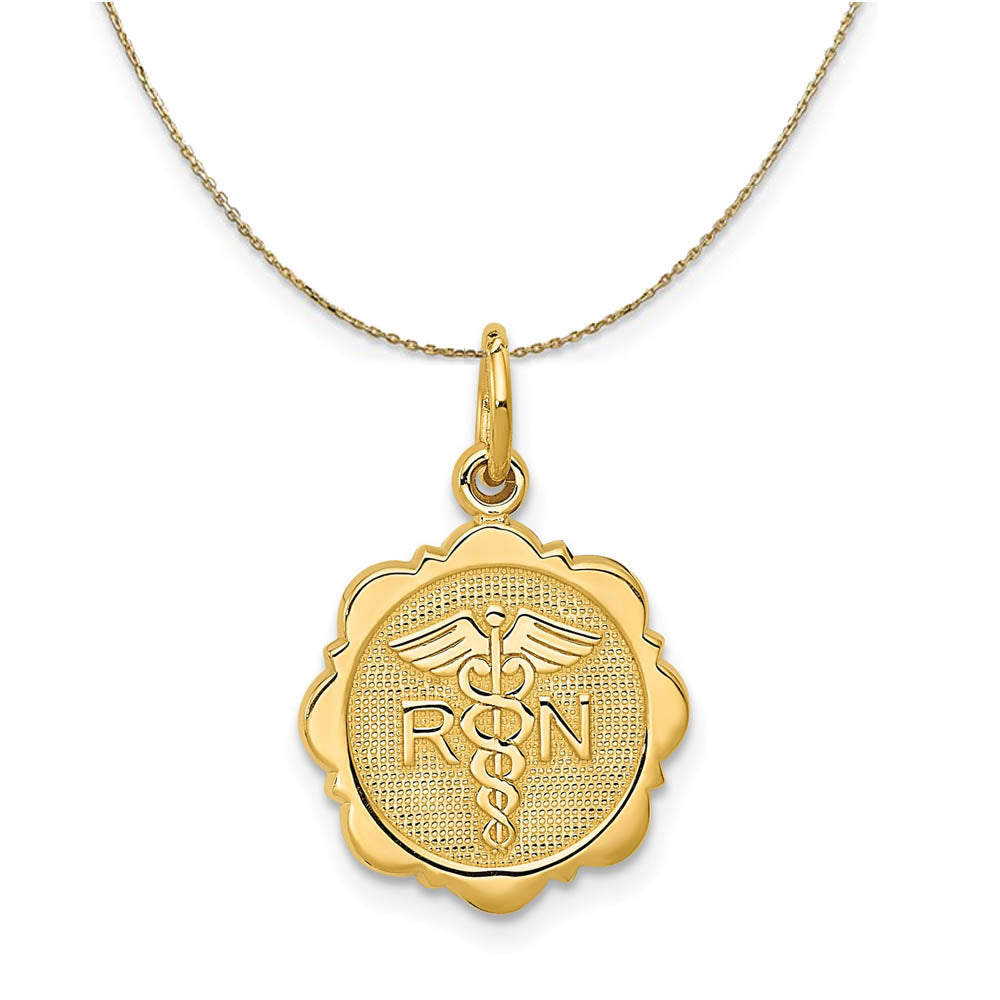 14k Yellow Gold Registered Nurse Disk Necklace, 14mm, Item N19569 by The Black Bow Jewelry Co.