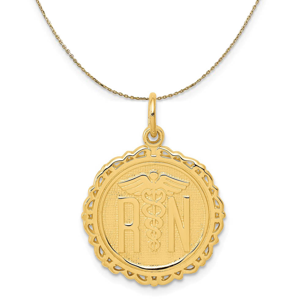 14k Yellow Gold Registered Nurse Disk Necklace, 18mm, Item N19570 by The Black Bow Jewelry Co.