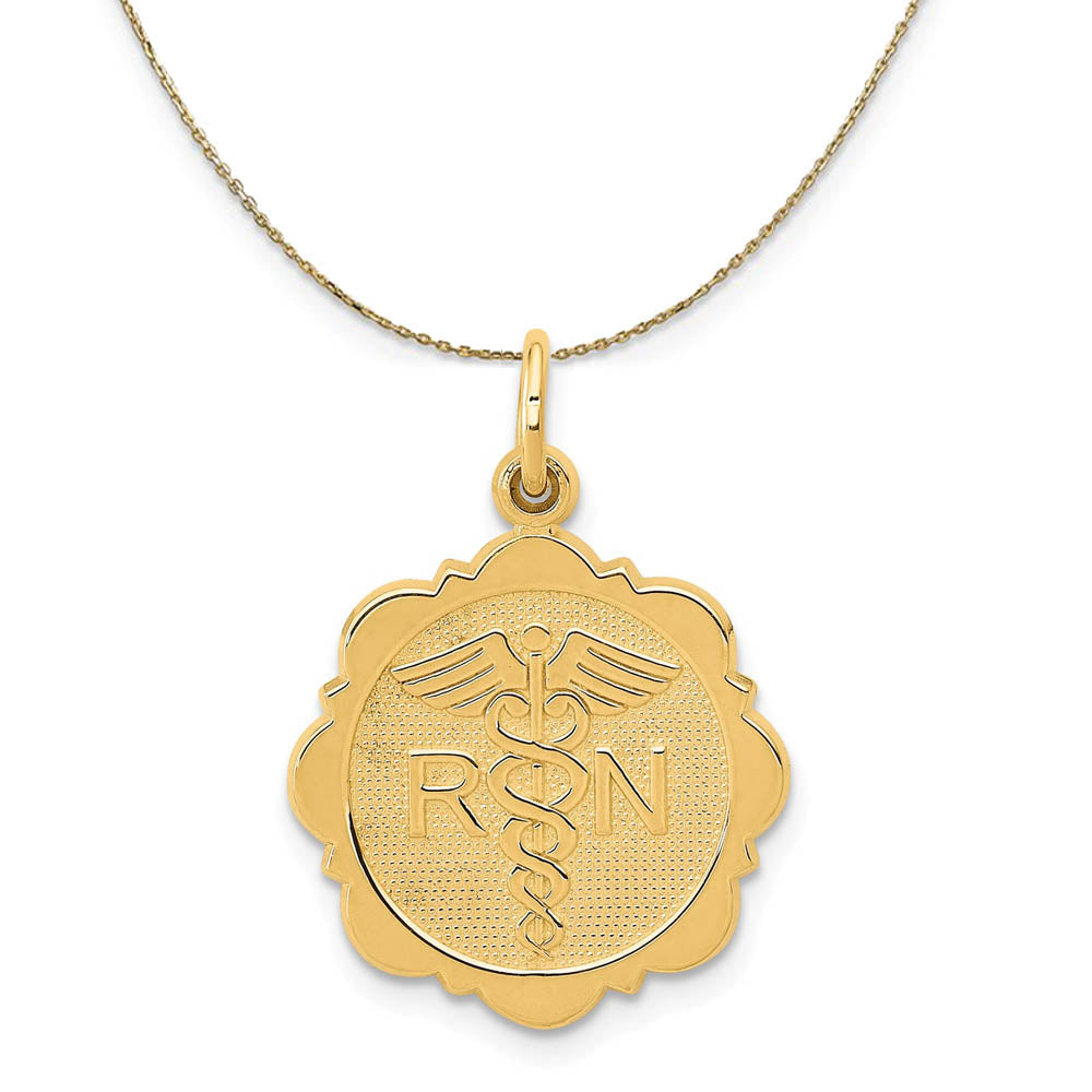 14k Yellow Gold Registered Nurse Disk Necklace, 16mm, Item N19571 by The Black Bow Jewelry Co.