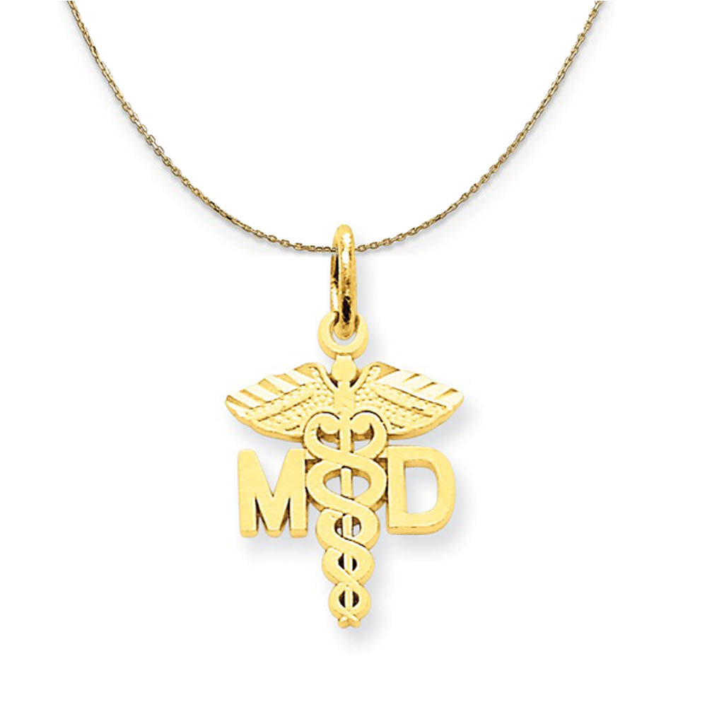 14k Yellow Gold Satin and Diamond Cut MD Caduceus Necklace, Item N19584 by The Black Bow Jewelry Co.