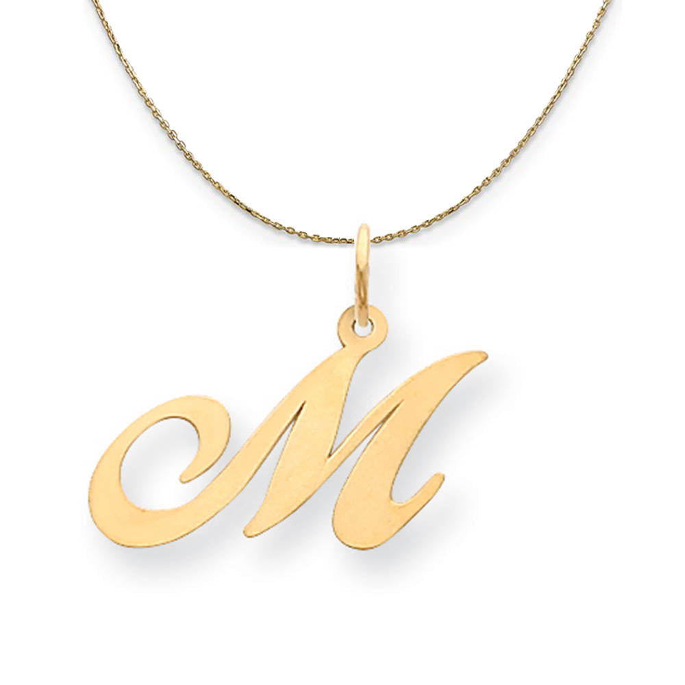14k Yellow Gold, Ella Med Fancy Script Initial M Necklace, Item N19627 by The Black Bow Jewelry Co.
