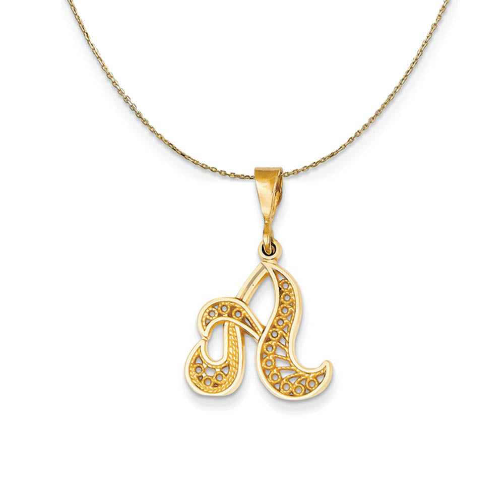 14k Yellow Gold, Maci, LG Filigree Script Initial A Necklace, Item N19996 by The Black Bow Jewelry Co.