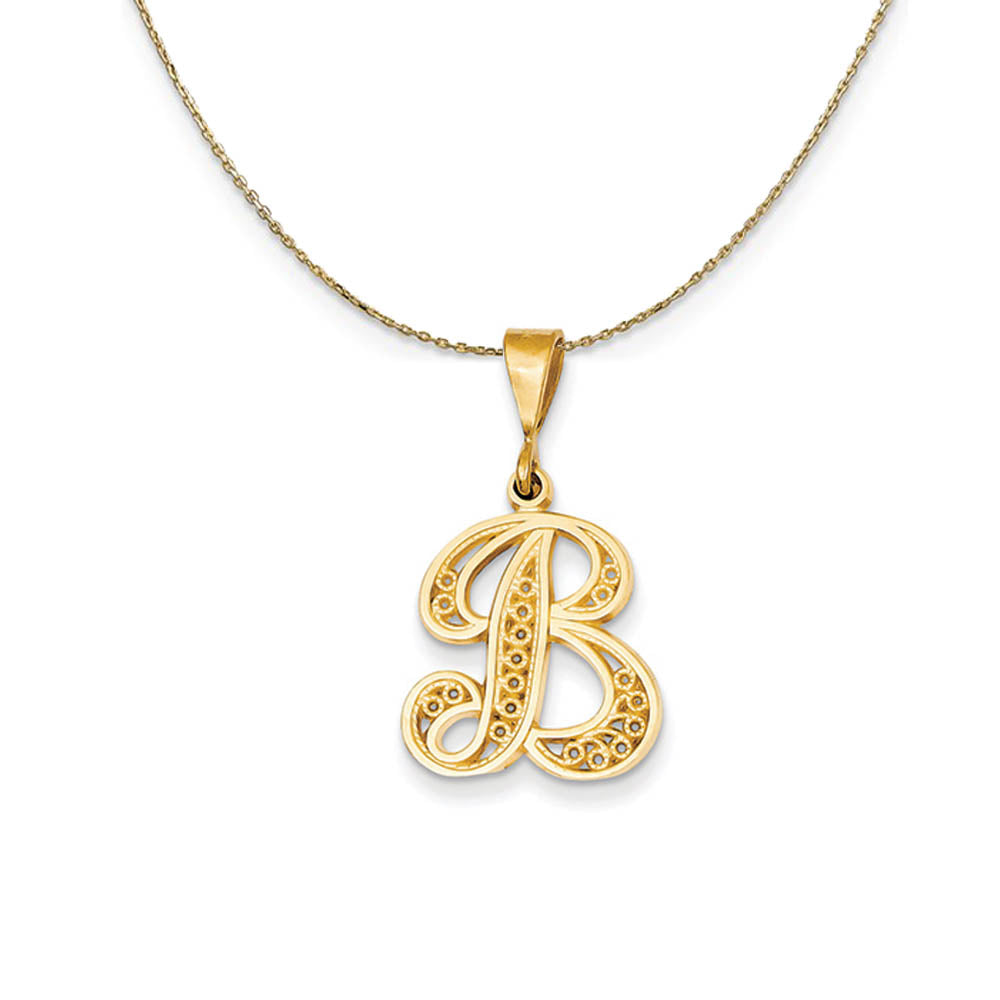 14k Yellow Gold, Maci, LG Filigree Script Initial B Necklace, Item N19997 by The Black Bow Jewelry Co.