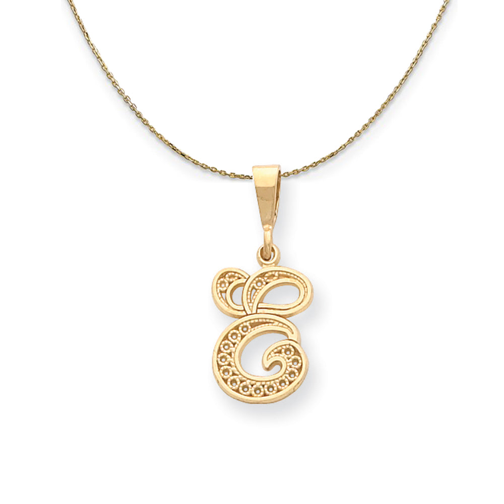 14k Yellow Gold, Maci, LG Filigree Script Initial E Necklace, Item N20000 by The Black Bow Jewelry Co.