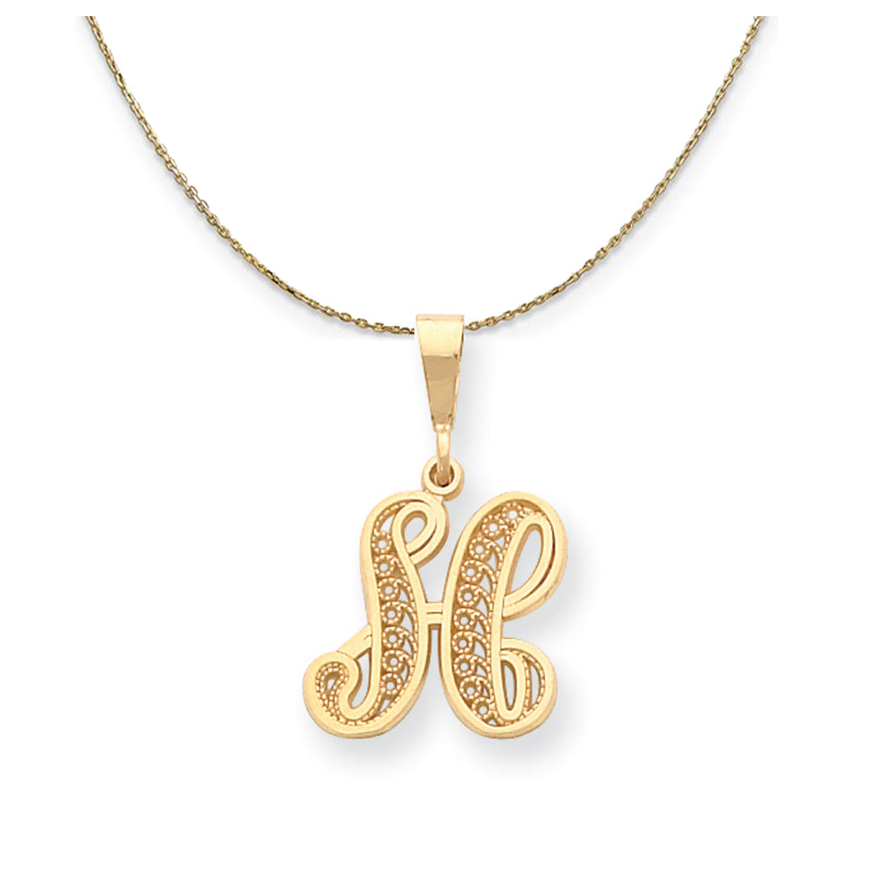 14k Yellow Gold, Maci, LG Filigree Script Initial H Necklace, Item N20003 by The Black Bow Jewelry Co.