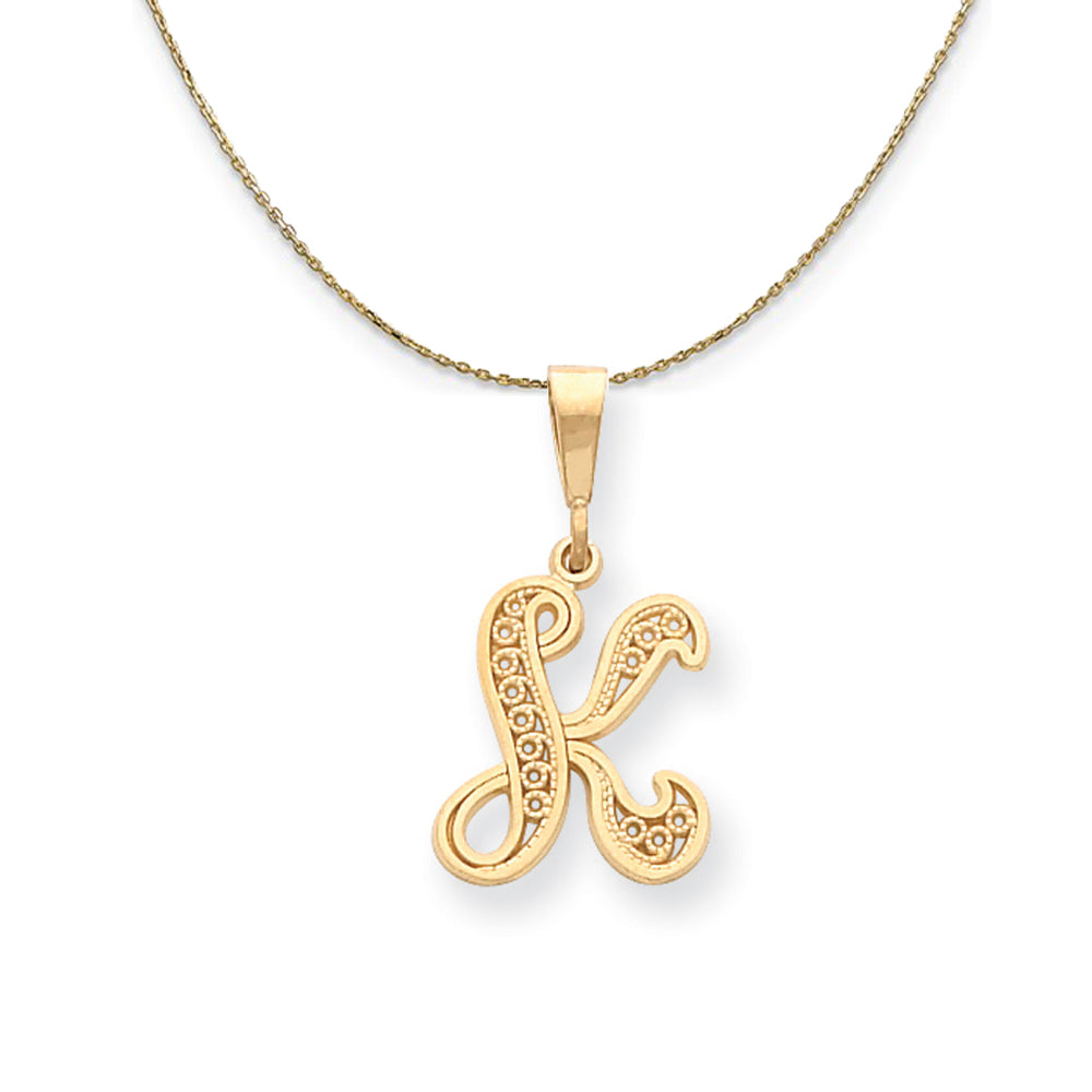 14k Yellow Gold, Maci, LG Filigree Script Initial K Necklace, Item N20005 by The Black Bow Jewelry Co.