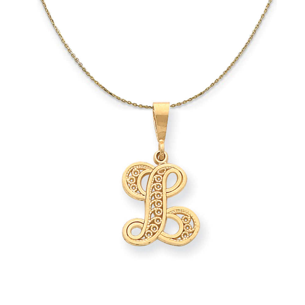 14k Yellow Gold, Maci, LG Filigree Script Initial L Necklace, Item N20006 by The Black Bow Jewelry Co.
