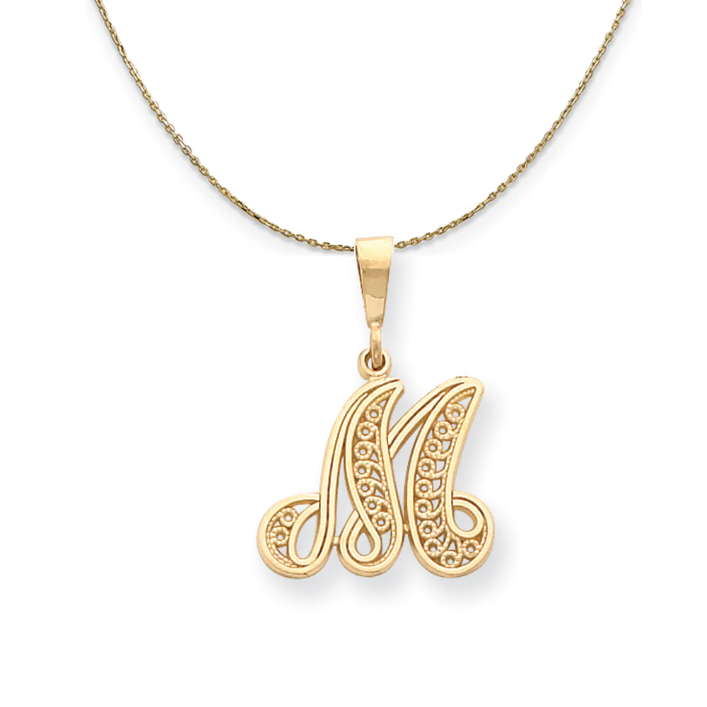 14k Yellow Gold, Maci, LG Filigree Script Initial M Necklace, Item N20007 by The Black Bow Jewelry Co.