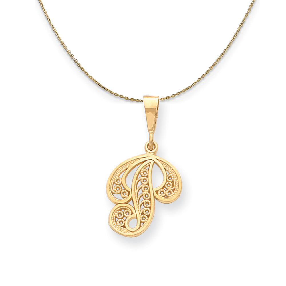 14k Yellow Gold, Maci, LG Filigree Script Initial P Necklace, Item N20010 by The Black Bow Jewelry Co.