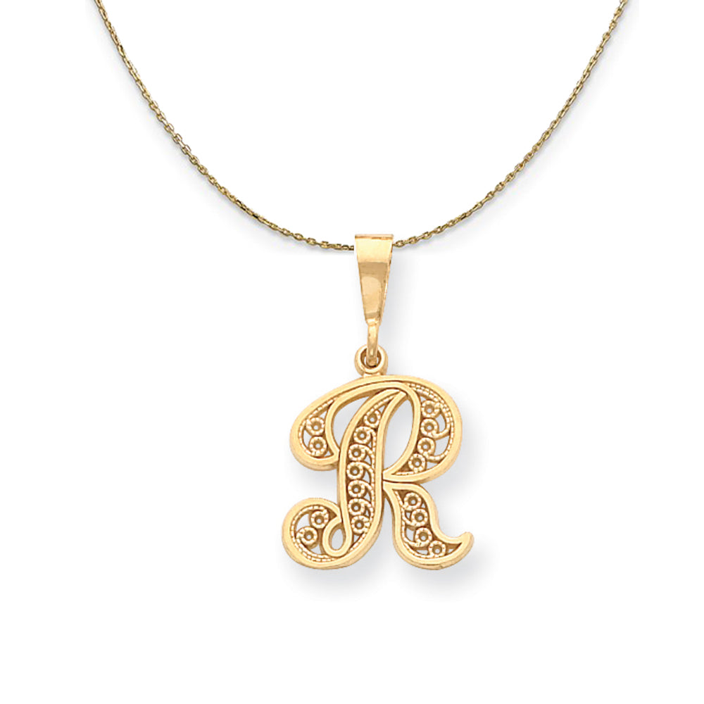 14k Yellow Gold, Maci, LG Filigree Script Initial R Necklace, Item N20011 by The Black Bow Jewelry Co.