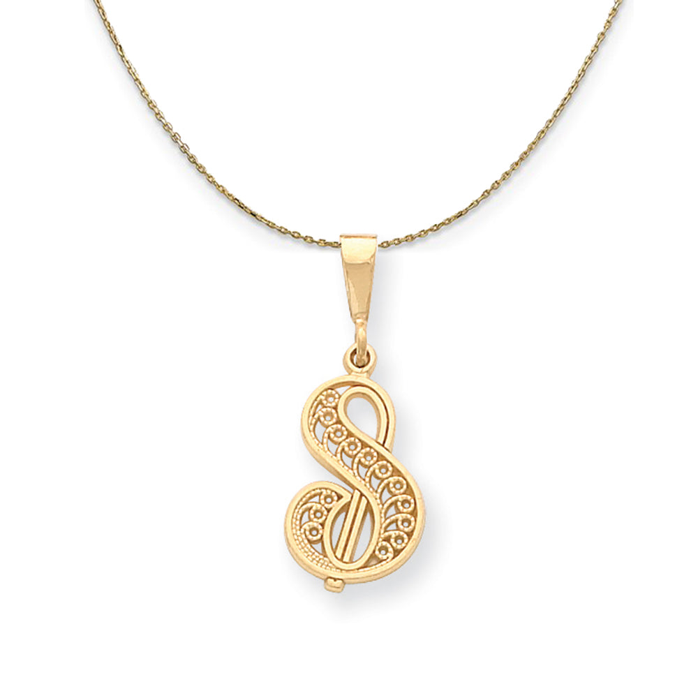 14k Yellow Gold, Maci, LG Filigree Script Initial S Necklace, Item N20012 by The Black Bow Jewelry Co.
