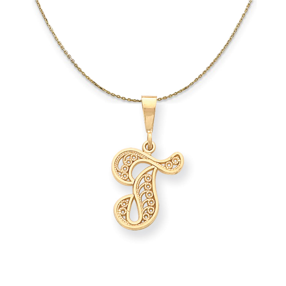 14k Yellow Gold, Maci, LG Filigree Script Initial T Necklace, Item N20013 by The Black Bow Jewelry Co.