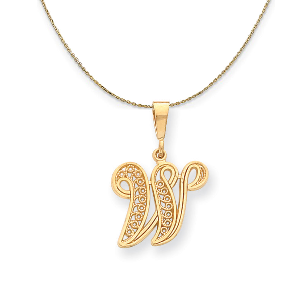14k Yellow Gold, Maci, LG Filigree Script Initial W Necklace, Item N20015 by The Black Bow Jewelry Co.
