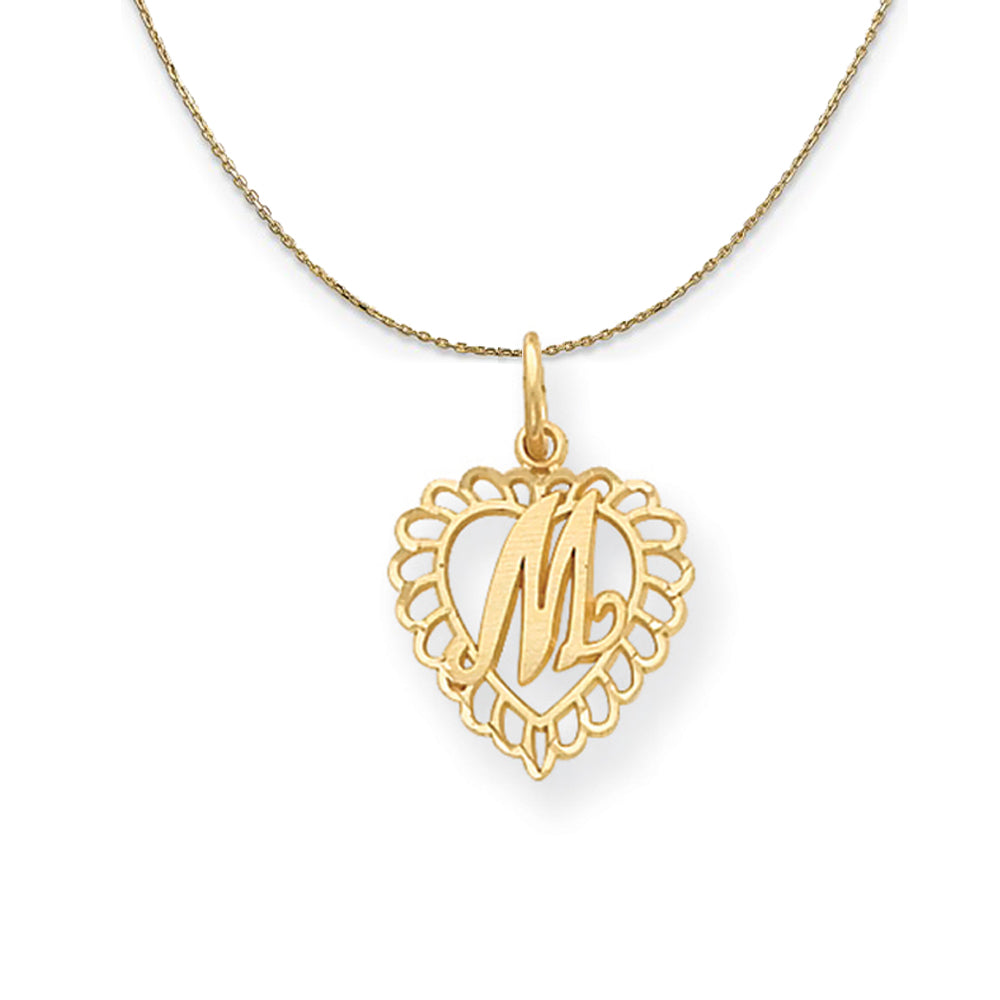 14k Yellow Gold, Grace, Satin Heart Initial M Necklace, 15mm, Item N20070 by The Black Bow Jewelry Co.