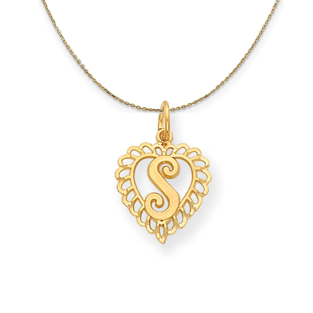 14k Yellow Gold, Grace, Satin Heart Initial S Necklace, 15mm