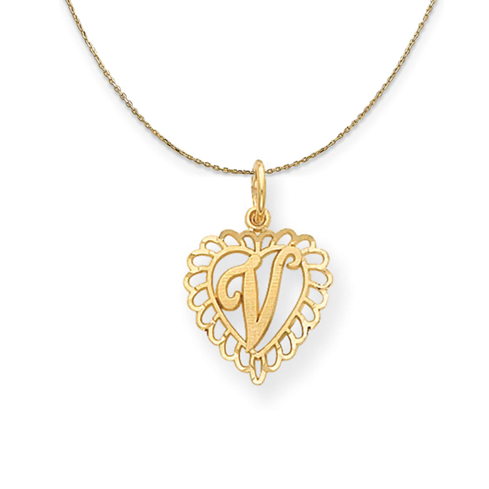 14k Yellow Gold, Grace, Satin Heart Initial V Necklace, 15mm, Item N20076 by The Black Bow Jewelry Co.