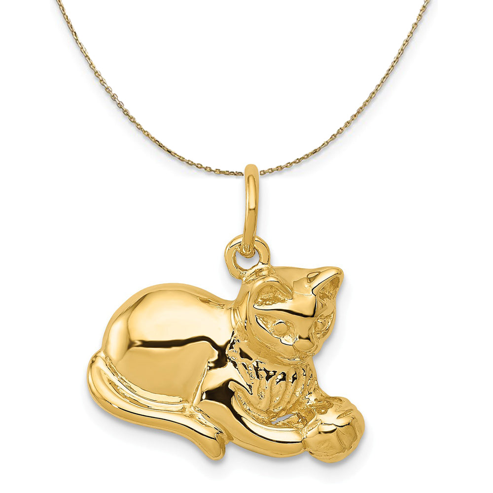 14k Yellow Gold 2D Cat and Ball Necklace, Item N20187 by The Black Bow Jewelry Co.