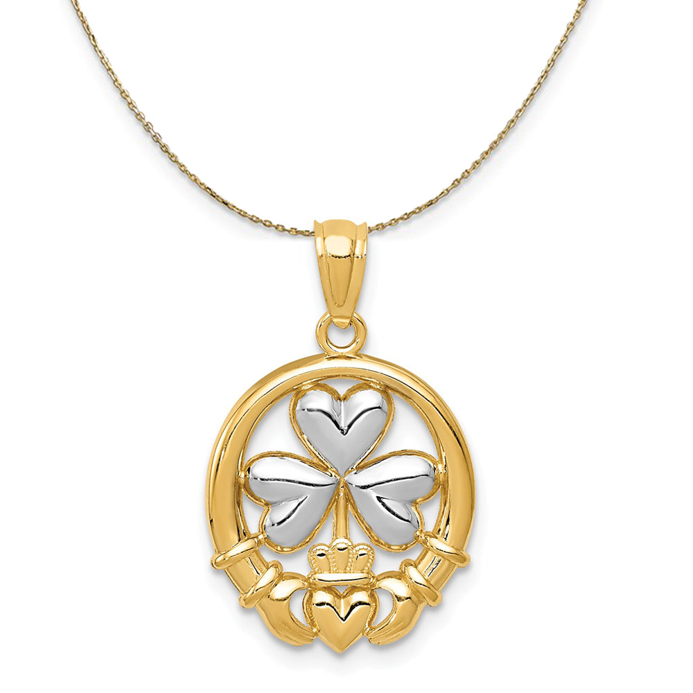 14k Yellow Gold & White Rhodium Claddagh Shamrock Necklace, Item N20230 by The Black Bow Jewelry Co.