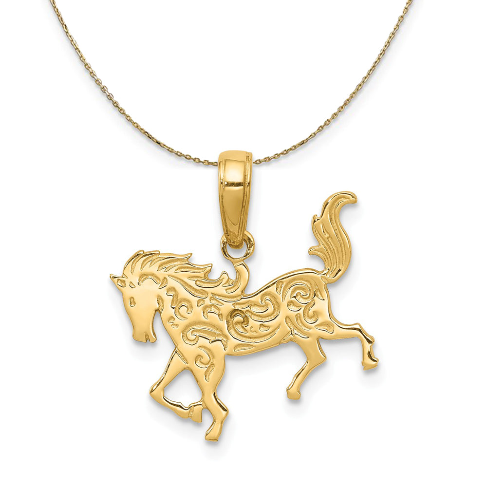 14k Yellow Gold Ornate Horse Necklace, 17mm, Item N20238 by The Black Bow Jewelry Co.