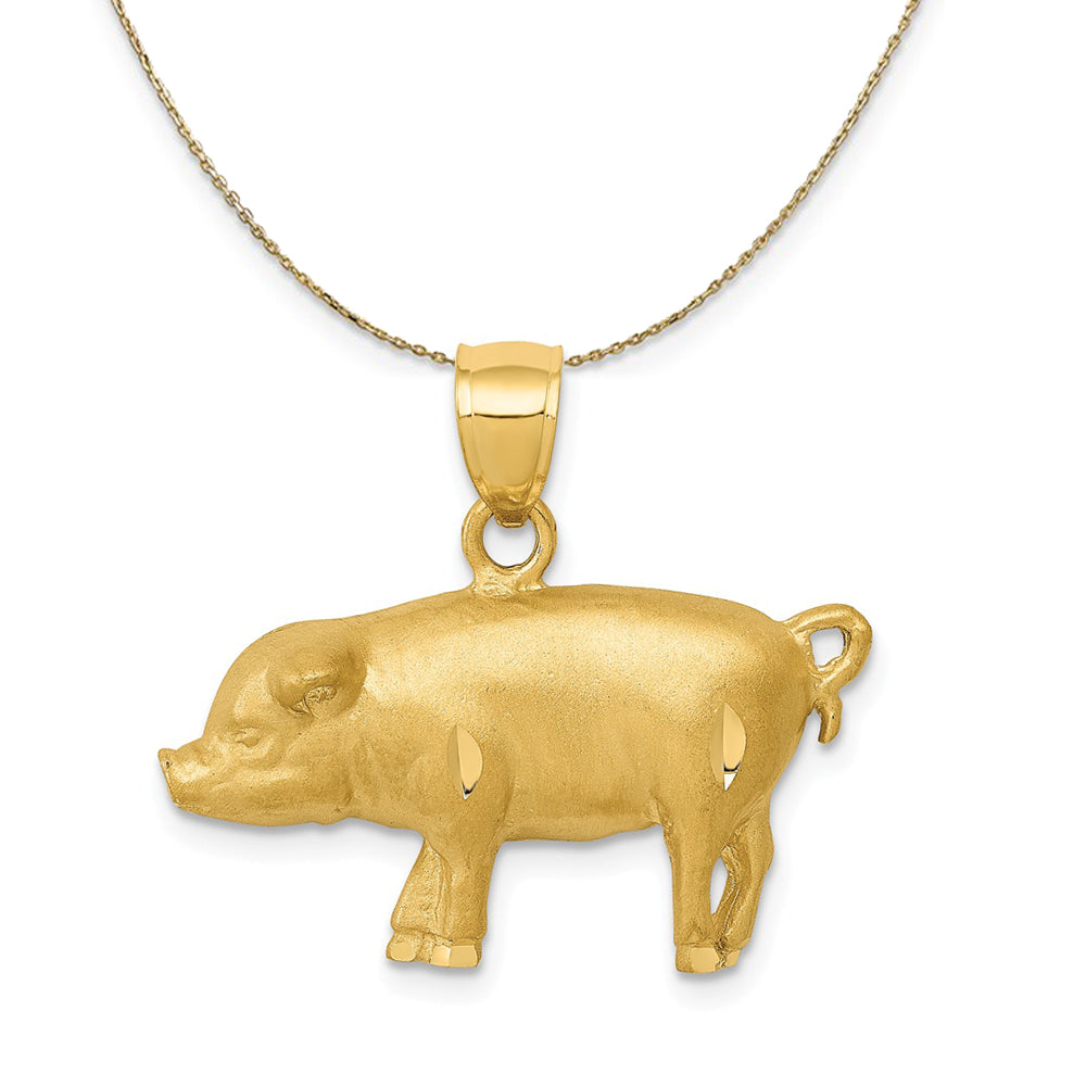 14k Yellow Gold 2D Satin & Diamond Cut Pig Necklace, Item N20257 by The Black Bow Jewelry Co.