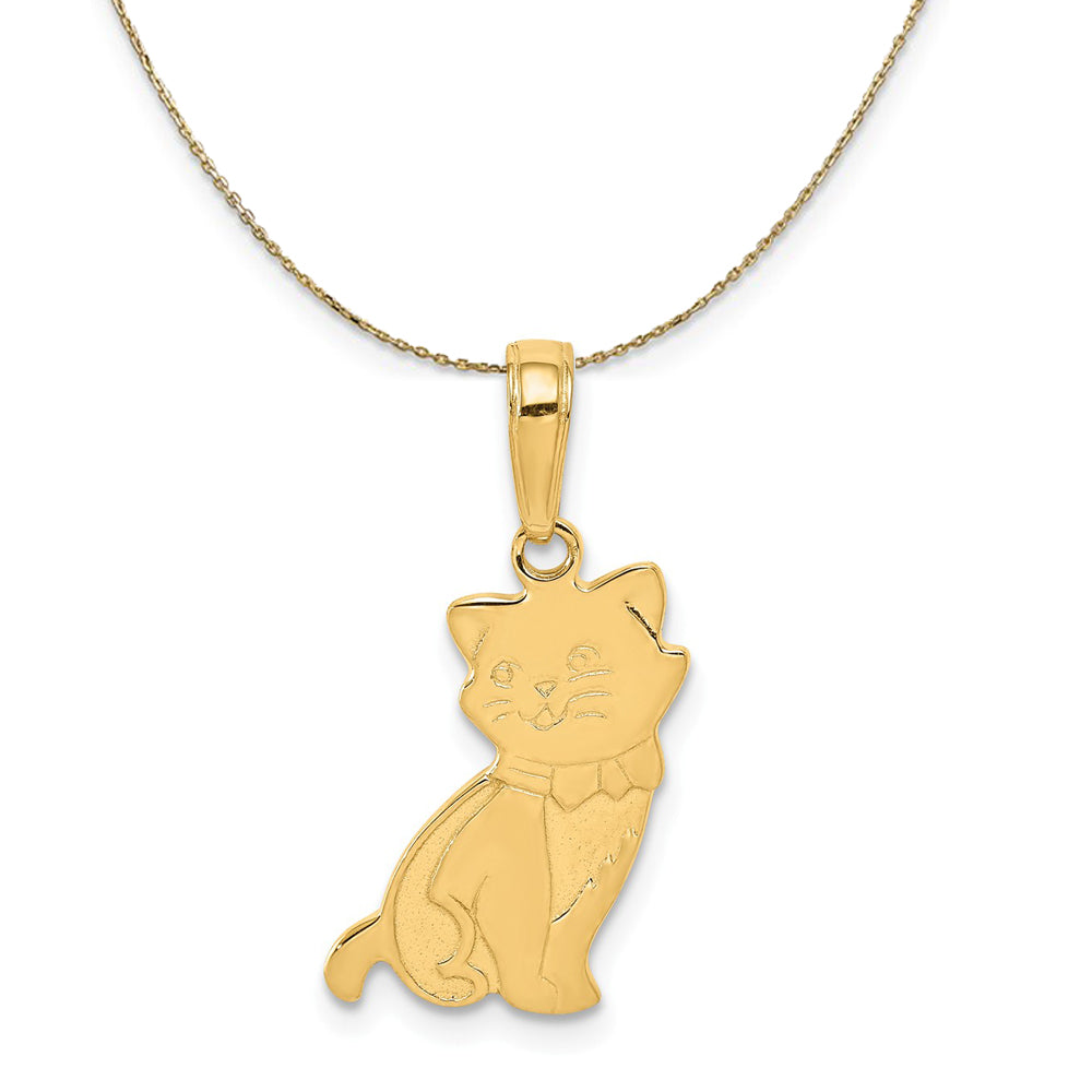 14k Yellow Gold Flat Sitting Kitten with Bow Tie Necklace, Item N20294 by The Black Bow Jewelry Co.