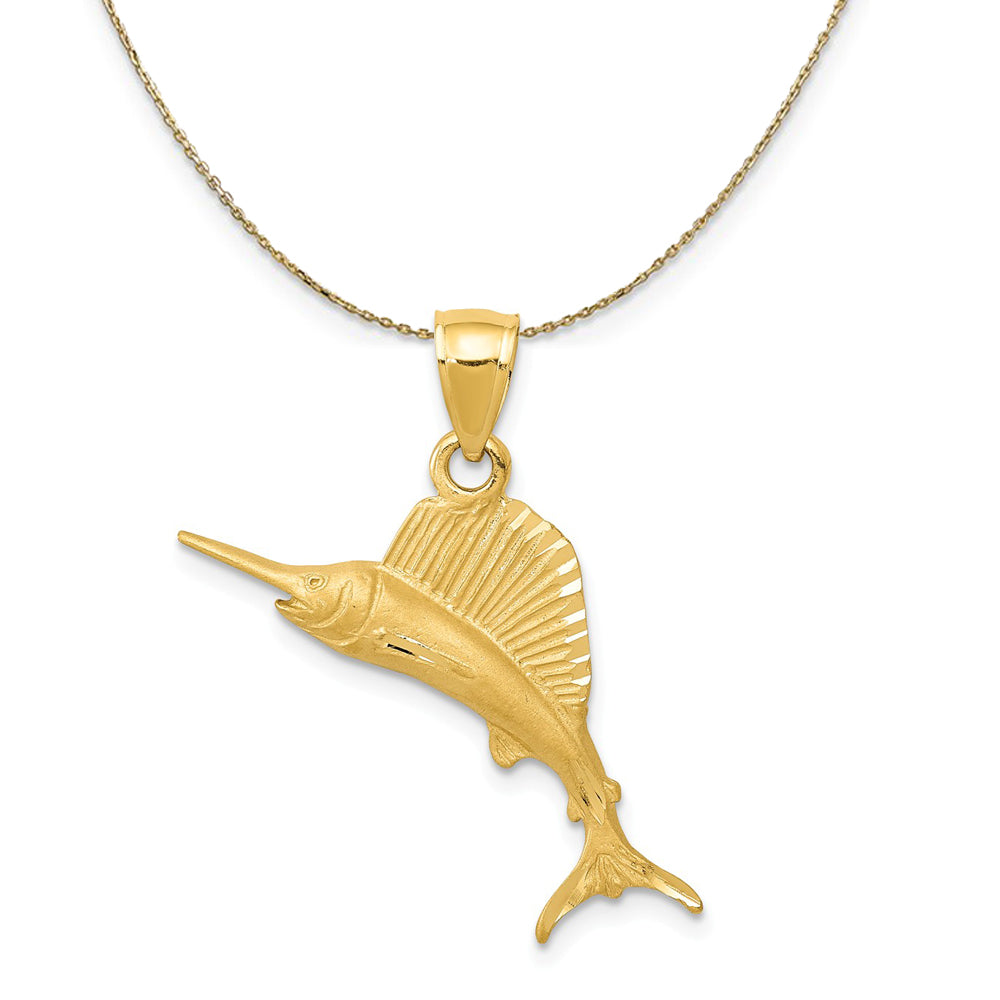 14k Yellow Gold Sm Satin and Diamond Cut Sailfish Necklace, Item N20304 by The Black Bow Jewelry Co.