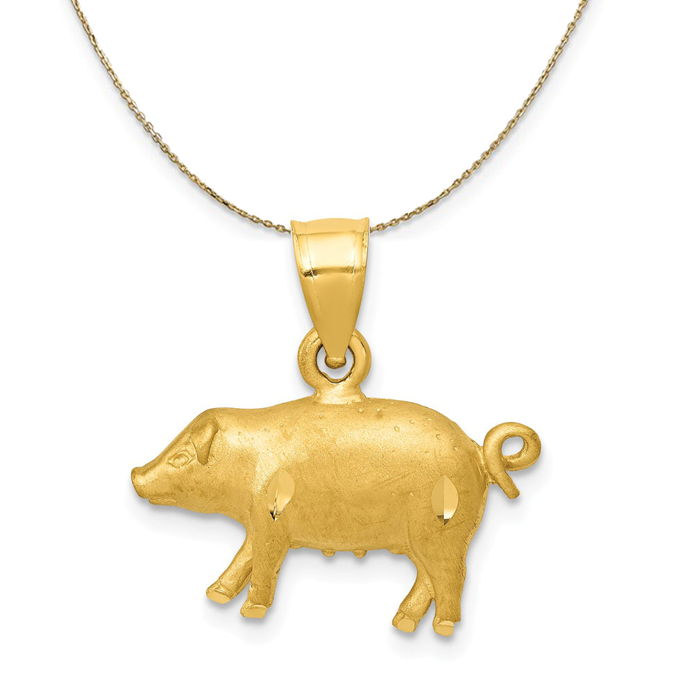 14k Yellow Gold 2D Satin and Diamond Cut Pig Necklace, Item N20310 by The Black Bow Jewelry Co.