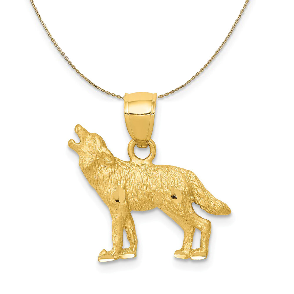 14k Yellow Gold Satin and Diamond Cut Howling Wolf Necklace, Item N20318 by The Black Bow Jewelry Co.