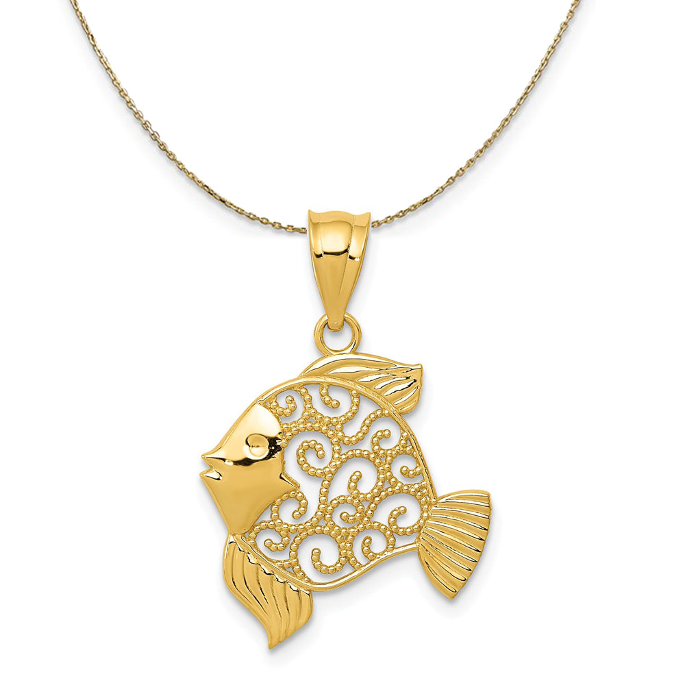 14k Yellow Gold Filigree Fish Necklace, 17mm, Item N20358 by The Black Bow Jewelry Co.