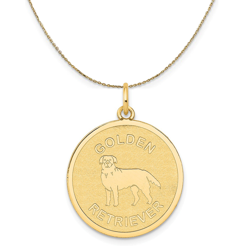 14k Yellow Gold Etched Golden Retriever Disc Necklace, 19mm, Item N20369 by The Black Bow Jewelry Co.