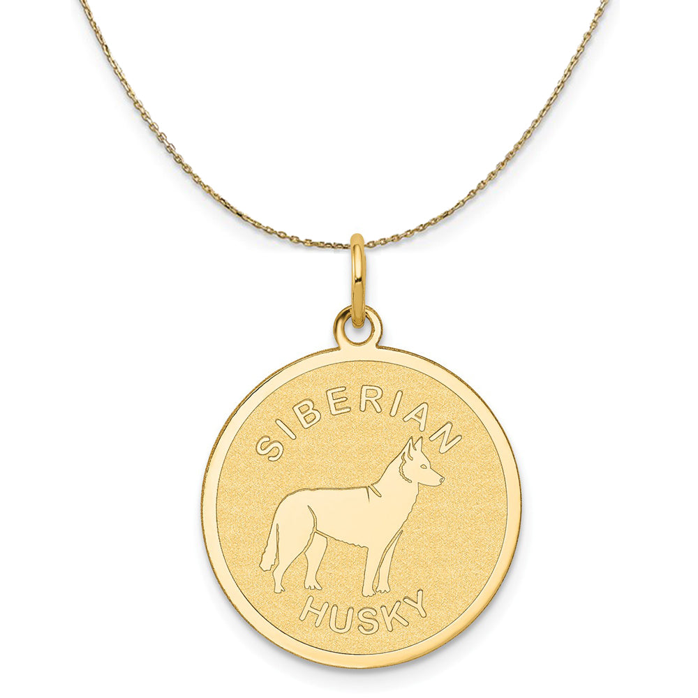 14k Yellow Gold Etched Siberian Husky Disc Necklace, 19mm, Item N20373 by The Black Bow Jewelry Co.