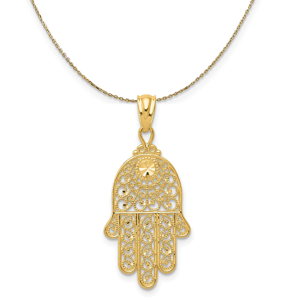 14k Yellow Gold Filigree Hamsa Necklace, Item N20376 by The Black Bow Jewelry Co.