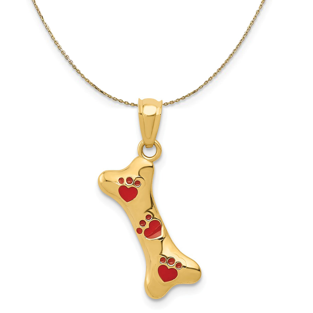 14k Yellow Gold Dog Bone and Red Enamel Paw Prints Necklace, Item N20378 by The Black Bow Jewelry Co.