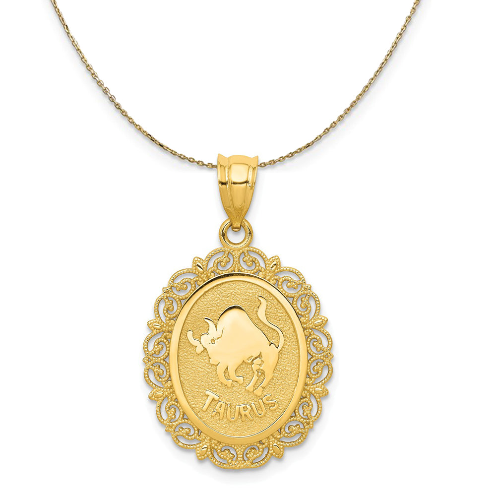 14k Yellow Gold Filigree Taurus the Bull Zodiac Necklace, Item N20403 by The Black Bow Jewelry Co.